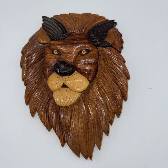 Intarsia Wood Handcrafted Lion Wall Art Hanging Plaque King Of The Jungle 9” - Picture 1 of 13